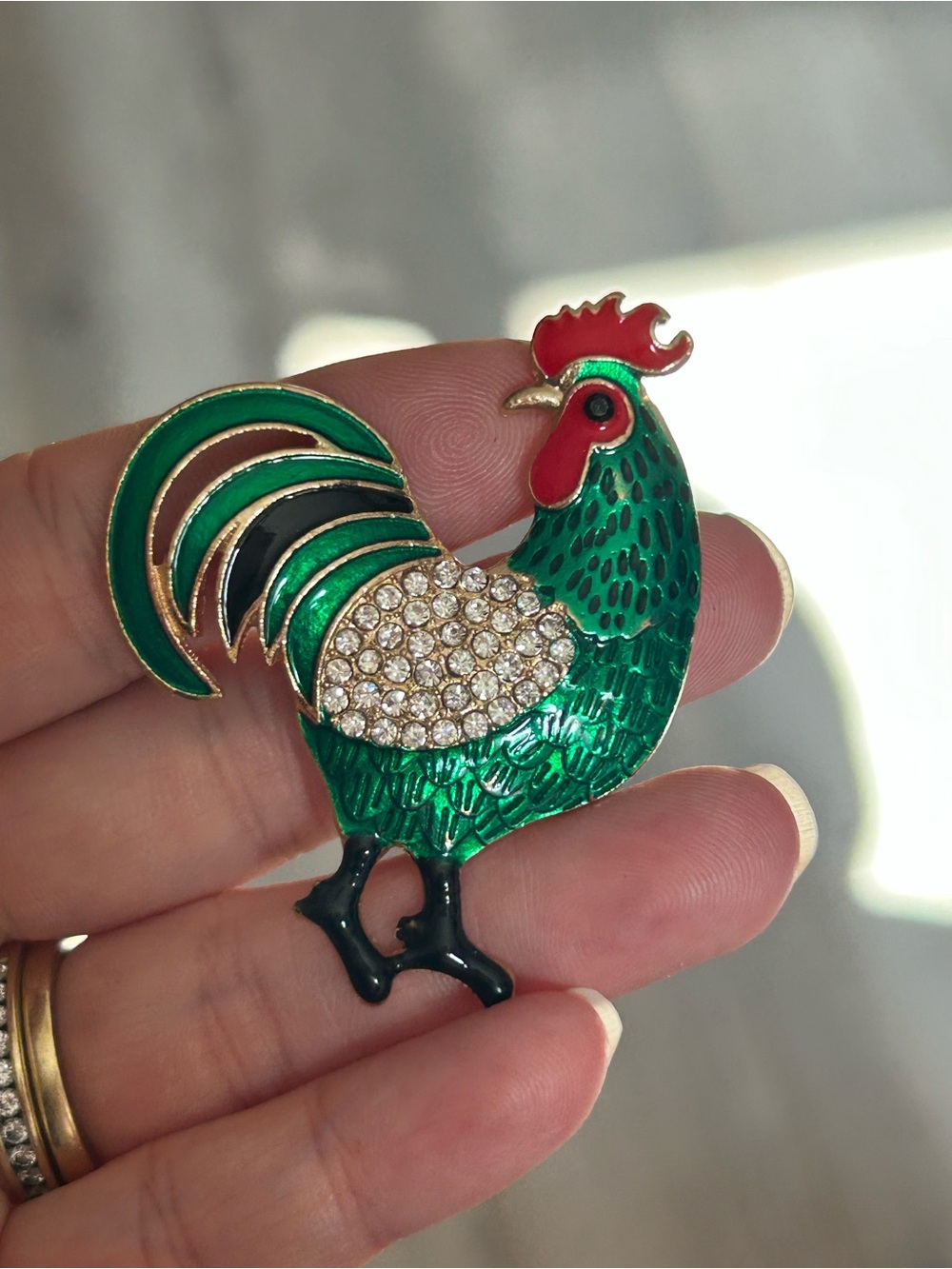 4/$50 Green Rooster Bird Pin Brooch with Crystal Accents